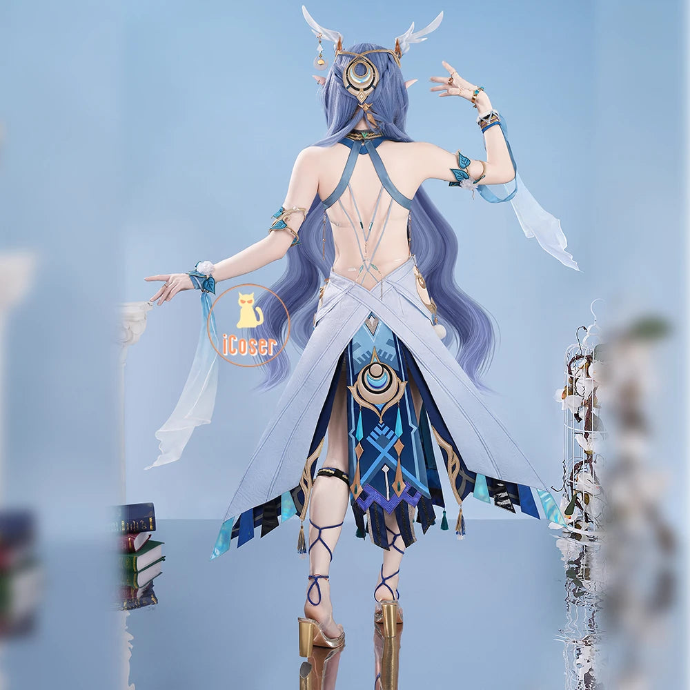 Genshin Impact Lauma Cosplay Costume Wig Dress Uniform Headwear Earrings Frostmoon Scions Halloween Party for Women Girls iCoser