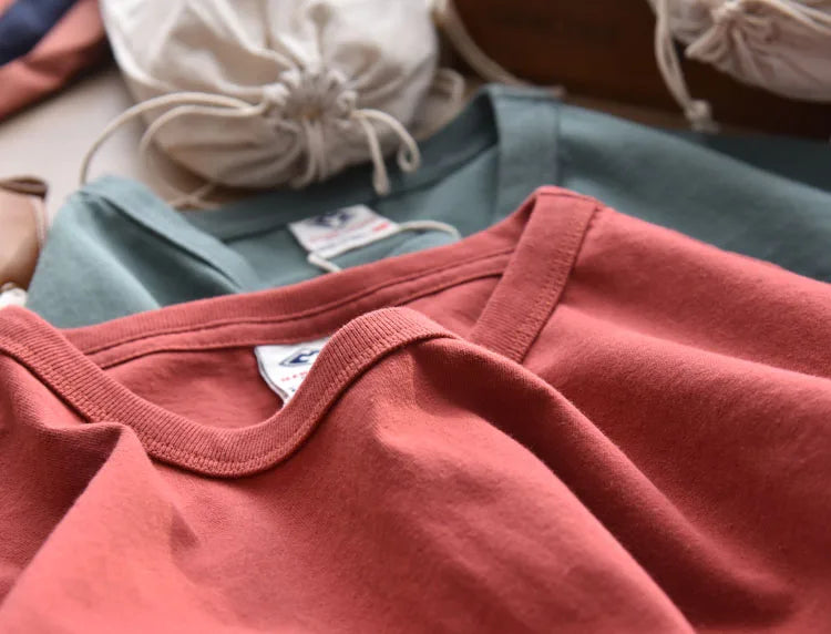 Summer New American Retro Short-sleeved O-neck Soild Color T-shirt Men's Fashion Simple 100% Cotton Washed Casual Sport Tops