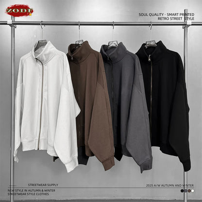 ZODF 430gsm Heavyweight Solid Zipper Hoodie for Men Unisex Loose Stand Collar Coat HY1101 Autumn 2025 Fashion