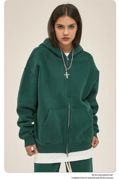 ZODF New Men Double Headed Zipper Fleece Hoodies Unisex Loose Basic Solid Warm Hooded Sweatshirts Coats For Winter HY0633