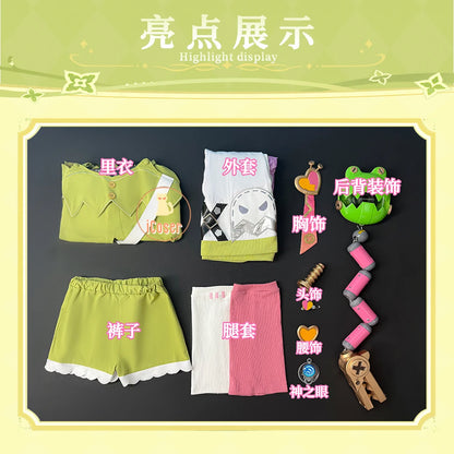 Genshin Impact Aino Cosplay Costume Wig Uniform Headwear Frog Backpack Clink-Clank Krumkake Craftshop Halloween for Women Girls