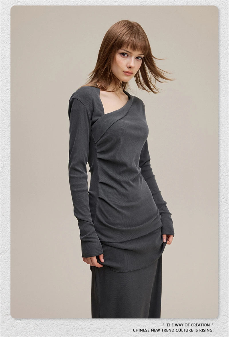 ZODF Retro Sexy Women Autumn Washed 275gsm T Shirt Ladies Girls Distressed Side Pleated Full Sleeve T-Shirts Tees HY1107