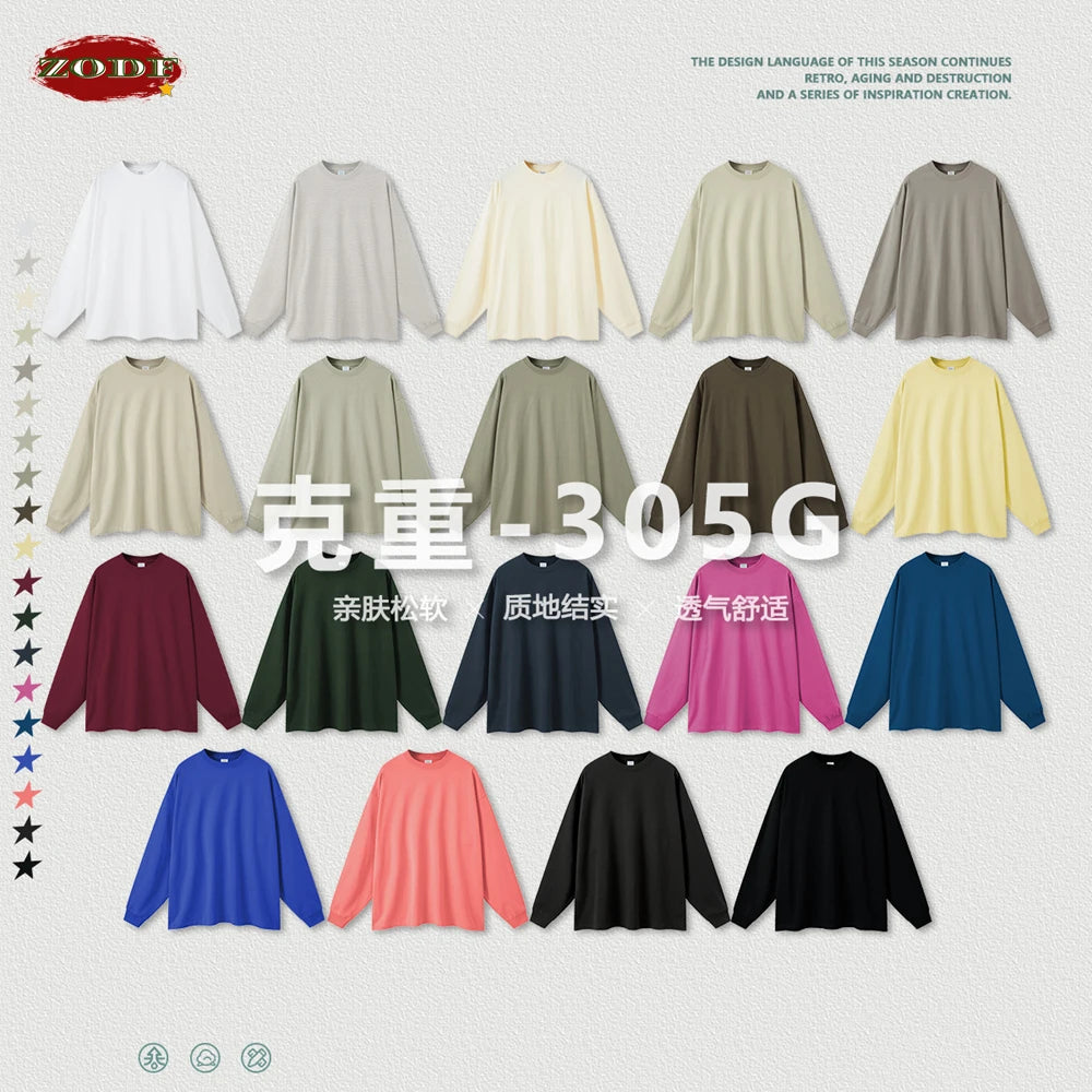 ZODF NEW Autumn Men's Solid Full Sleeve T Shirts Unisex Loose Oversized Casual 305GSM Cotton Basic T-Shirt Brand TEE HY0209