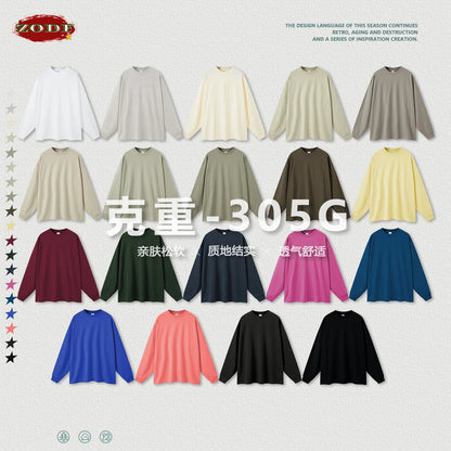 ZODF NEW Autumn Men's Solid Full Sleeve T Shirts Unisex Loose Oversized Casual 305GSM Cotton Basic T-Shirt Brand TEE HY0209