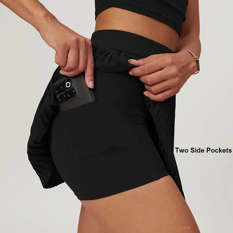 Women’s 2-in-1 Pleated Golf Tennis Skirt with Inner Pocket and Built-in Shorts - Black / XL