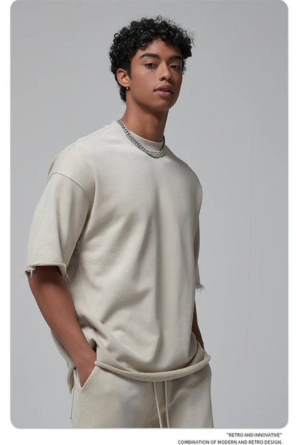 ZODF Spring Summer Men Washed Spray Dyeing T Shirts Unisex Heavy Weight Plush Distressed 360gsm T-Shirt Brand Tops HY0780