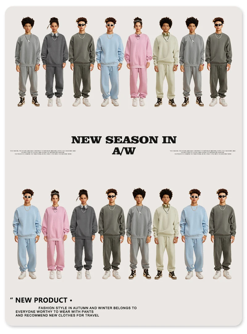 ZODF New Men Winter 355gsm Washed Fleece Sweatshirts Retro Unisex Oversized Solid O-Neck Warm Pullovers Coat Streetwears HY0639