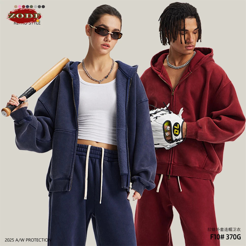 ZODF New 2025 Winter Man's Fleece Zipper Hoodies Unisex Retro 370gsm Loose Boxy Batik Washed Hooded Coats Sweatshirts HY1164
