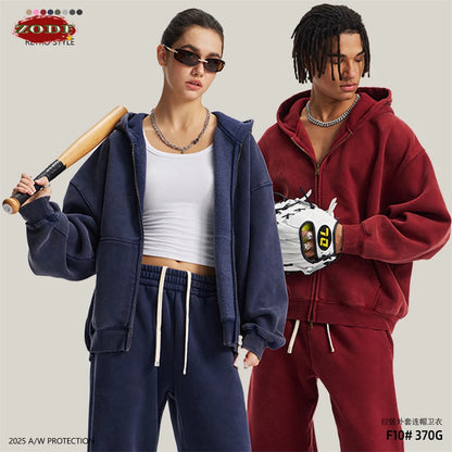 ZODF New 2025 Winter Man's Fleece Zipper Hoodies Unisex Retro 370gsm Loose Boxy Batik Washed Hooded Coats Sweatshirts HY1164