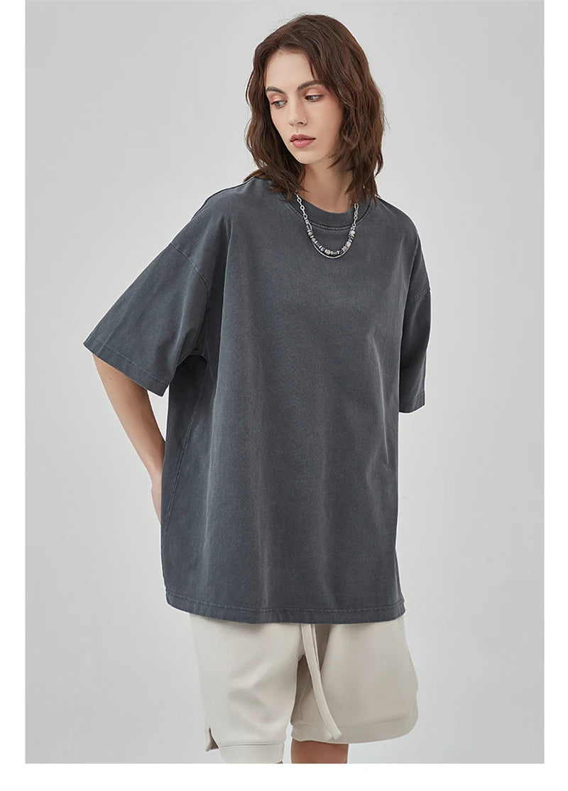 ZODF New Summer Solid Washed Cotton T-Shirts Streetwears For Men Unisex Retro High Street 275gsm Basic Tees Brand Tops HY0071