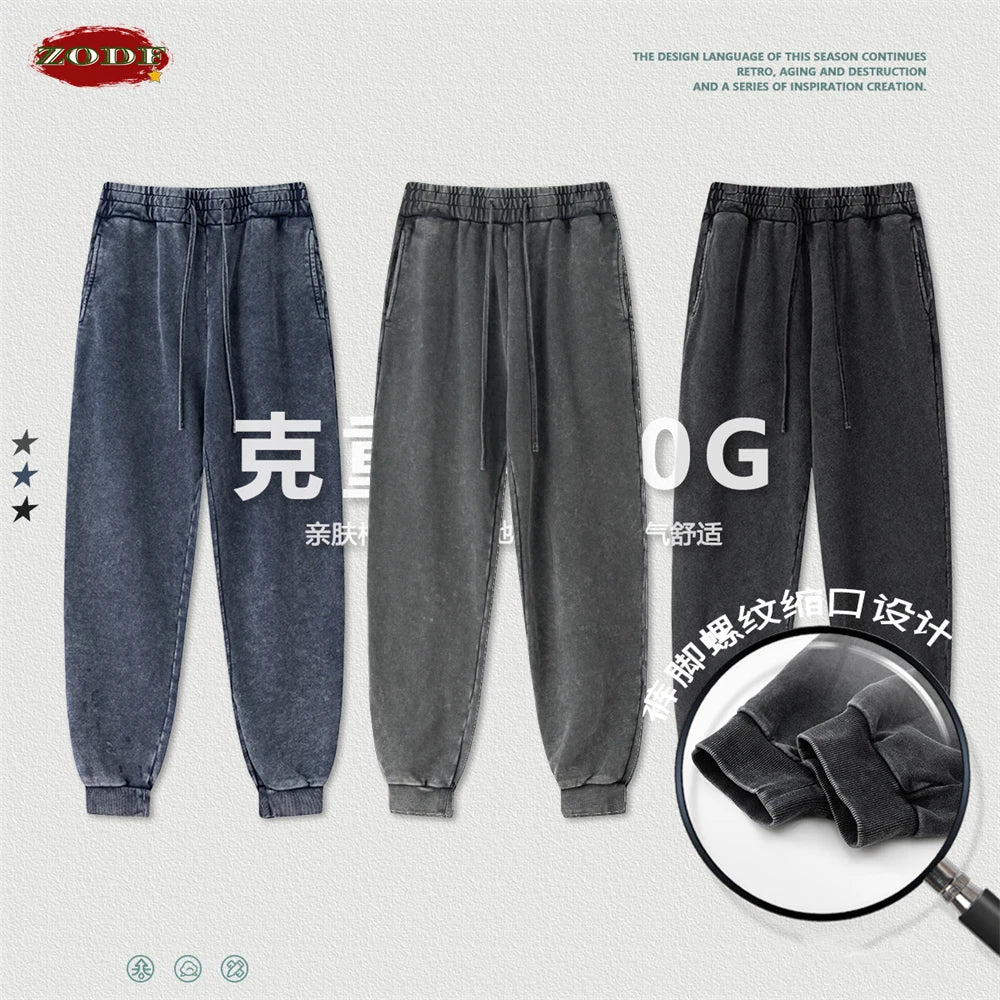 ZODF New Autumn Winter Men Washed 400gsm Sweatpant Unisex Loose Heavyweigh Cotton Sport Joggers Pants Streetwears HY0893