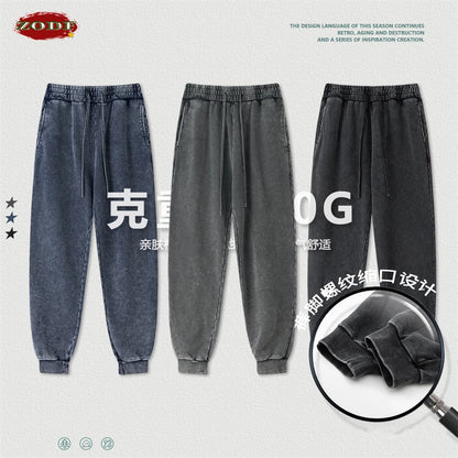 ZODF New Autumn Winter Men Washed 400gsm Sweatpant Unisex Loose Heavyweigh Cotton Sport Joggers Pants Streetwears HY0893