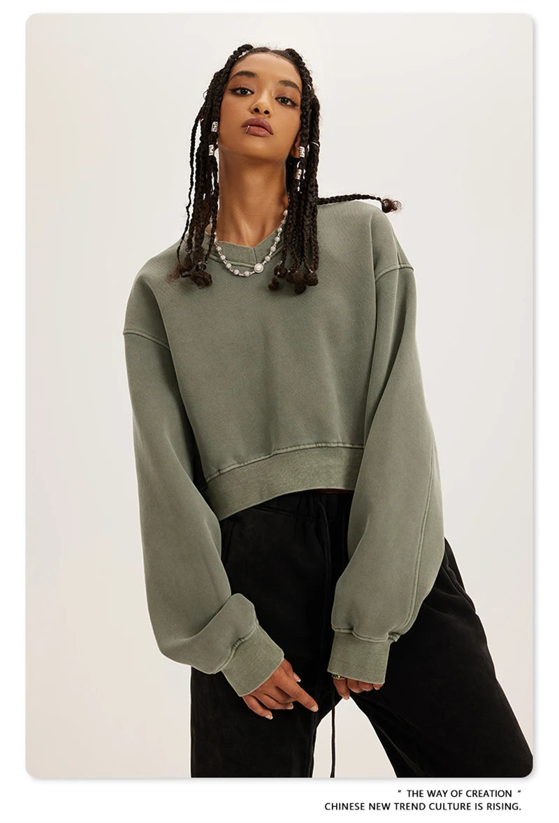 ZODF Winter Women Short Fleece Cropped Sweatshirts Girls Female Hip Hop Loose 400gsm V-Neck Pullovers Brand Tops HY0437