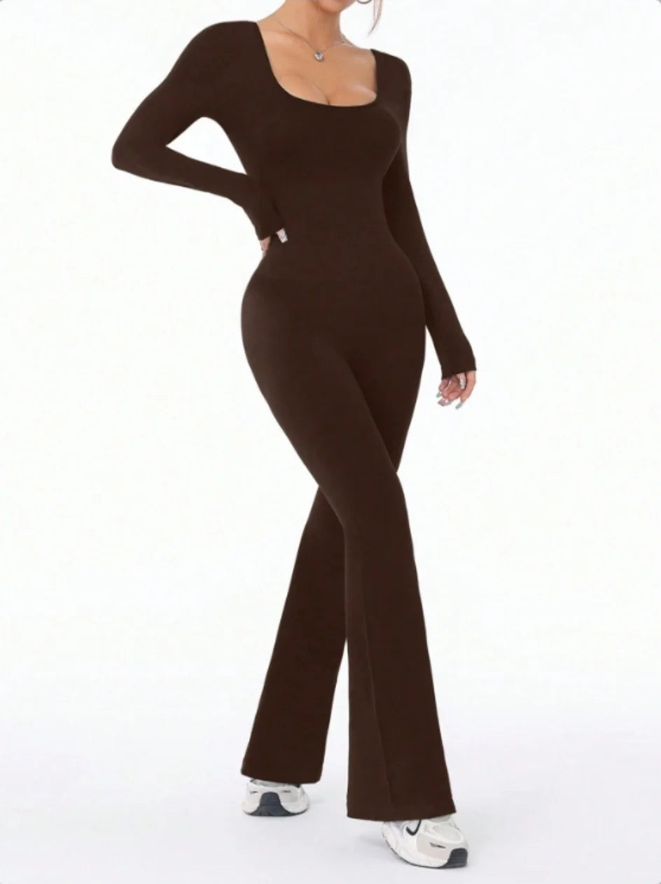 High Quality Solid Color Long Sleeve Compression Jumpsuit with Bell Bottom Pants Women’s Yoga Sportswear Push Up Set