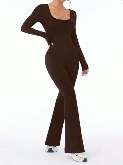 High Quality Solid Color Long Sleeve Compression Jumpsuit with Bell Bottom Pants Women’s Yoga Sportswear Push Up Set