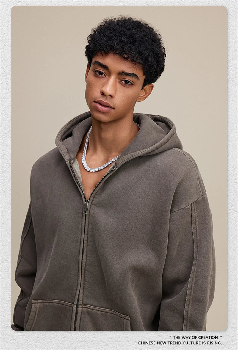 ZODF Retro 2025 Autumn Winter Unisex Zipper Fleece Hoodie 400gsm Washed Batik Warm Hooded Coat HY1084