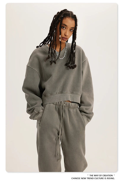 ZODF Winter Women Short Fleece Cropped Sweatshirts Girls Female Hip Hop Loose 400gsm V-Neck Pullovers Brand Tops HY0437