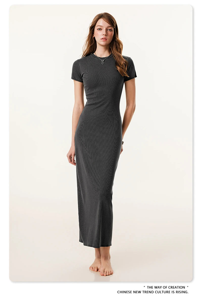 ZODF Sexy 2025 Spring Women 275gsm Long Dress Female Girls O Neck Washed Distressed Slim Slit Fit Dresses HY1008