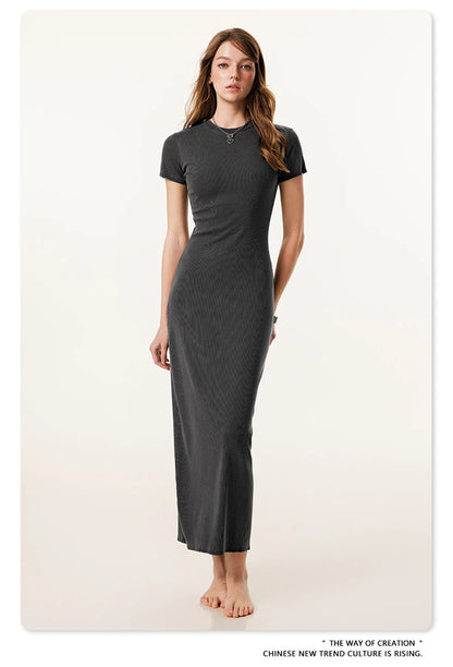 ZODF Sexy 2025 Spring Women 275gsm Long Dress Female Girls O Neck Washed Distressed Slim Slit Fit Dresses HY1008