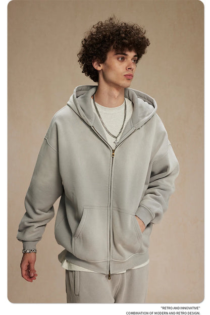 ZODF Retro Winter Men Spray-Dyed Zipper Hoodies Unisex Loose 360gsm Zipper Fleece Hooded Sweatshirt Pullovers Coats HY0719