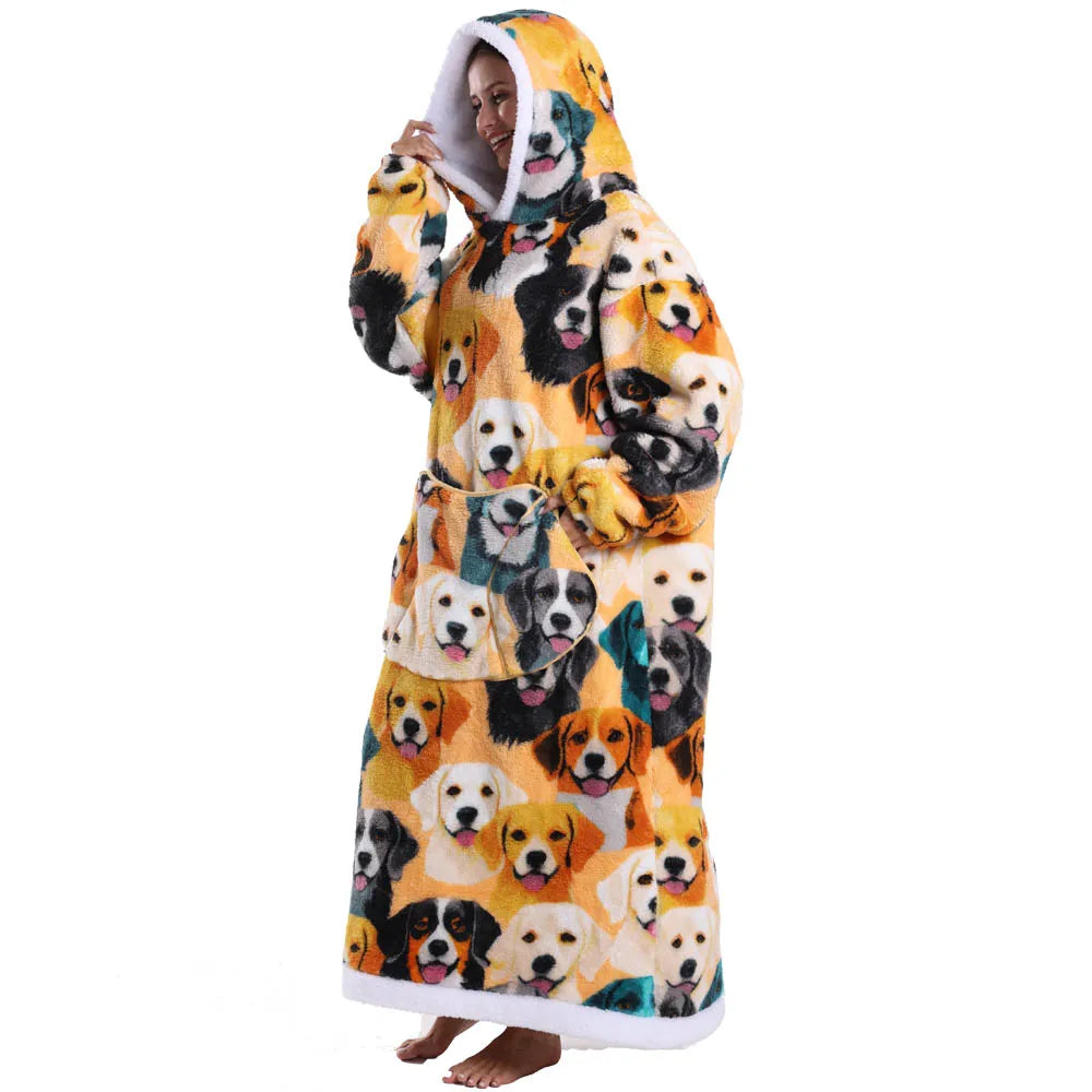 Oversized Blanket Hoodie for Adults Blue Leopard Cartoon Long Plush Thick Wearable Blanket with Sleeves Women Man Winter Clothes