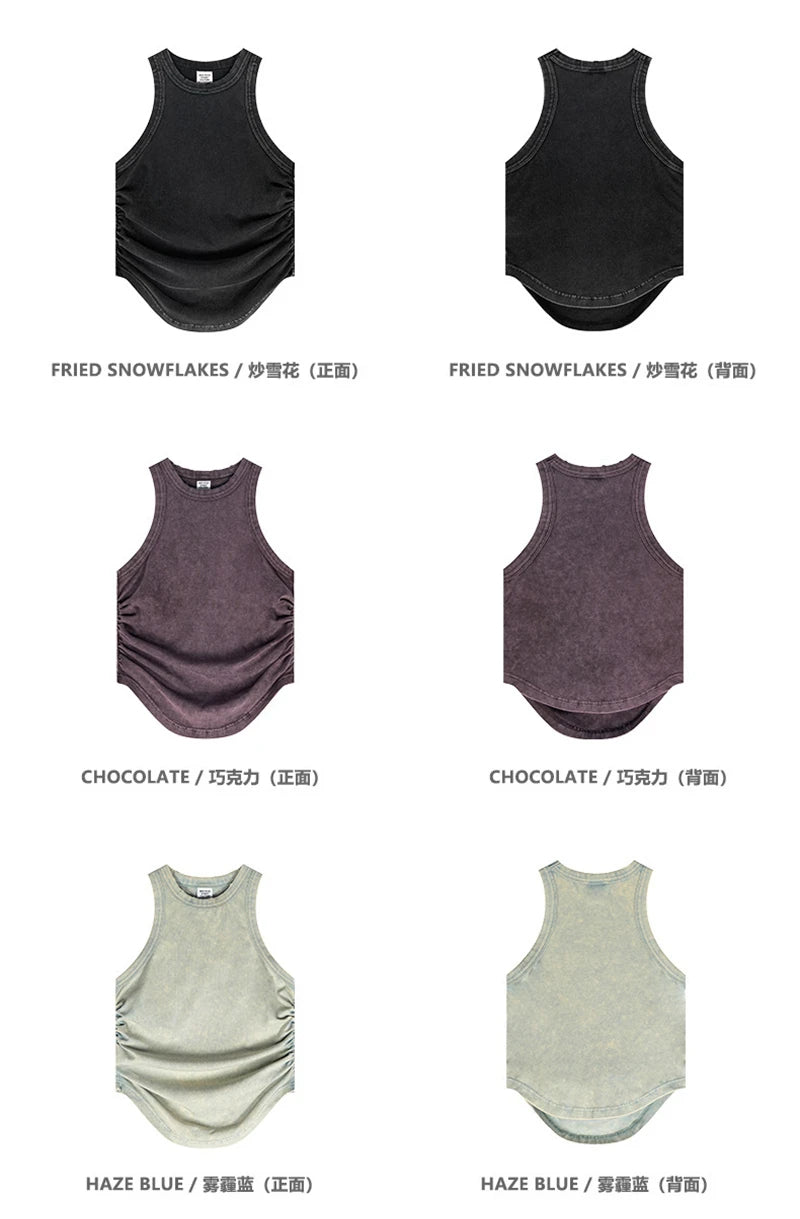 ZODF Women 2024 Summer Washed Tank Tops Female Hotsweet Girls 235gsm Slim Pleated Arc Hem Camisole TEE Streetwears HY0795