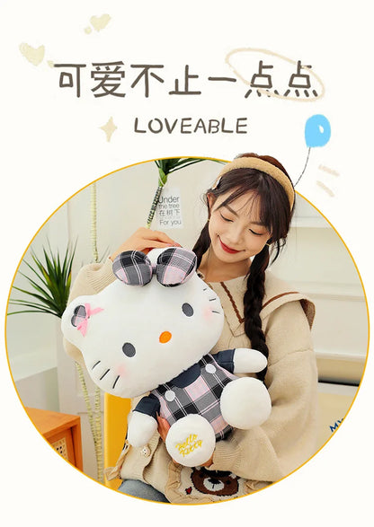 Sanrio Hello Kitty Plush Toy Retro Plaid Skirt Kitty Doll Stuffed Animal Creative Gift for Kids Birthday Christmas Girls Pillow