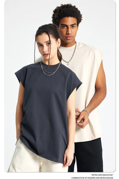 ZODF Trendy Men Summer Solid Cotton Tank Tops Unisex Oversized 275gsm Patchwork Sleeveless Tees Vests HY1051