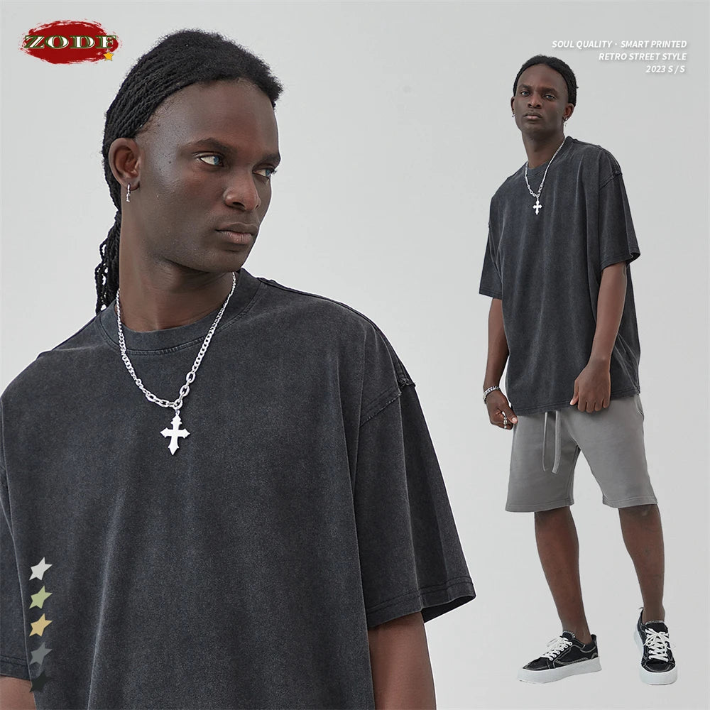 ZODF New Spring Summer Washed Cotton Solid T Shirts For Men Unisex High Street Loose Edge Oversized Noshrink T-Shirt Tee HY0465