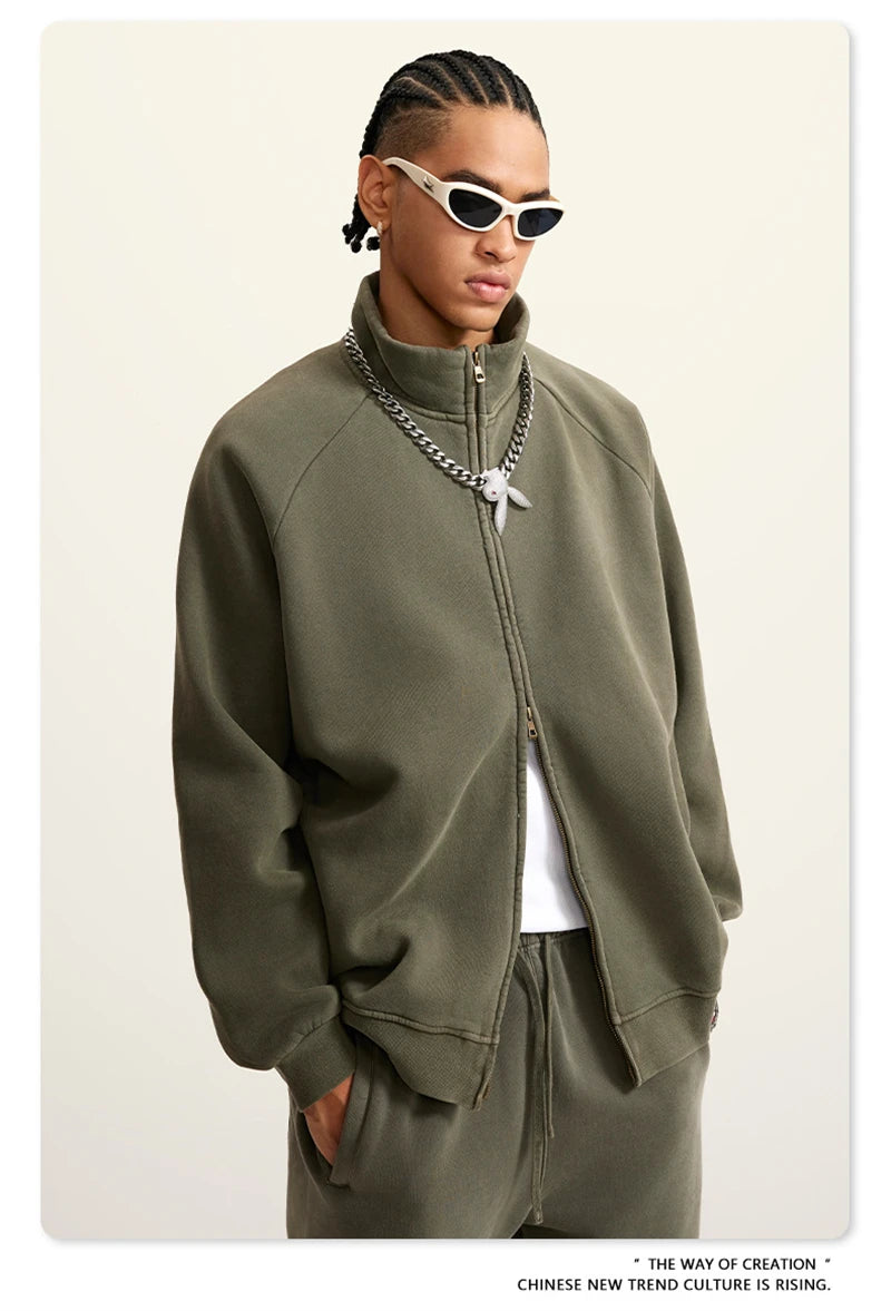 ZODF Retro Winter Men Washed Fleece Zipper Jackets Unisex Loose Oversized 400gsm Raglan Sleeve Coats Streetwears HY0649