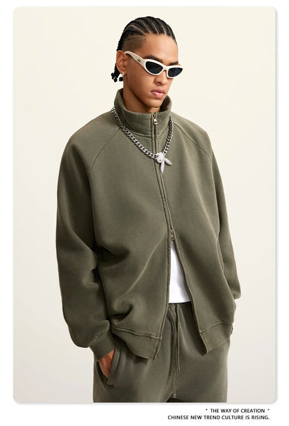 ZODF Retro Winter Men Washed Fleece Zipper Jackets Unisex Loose Oversized 400gsm Raglan Sleeve Coats Streetwears HY0649