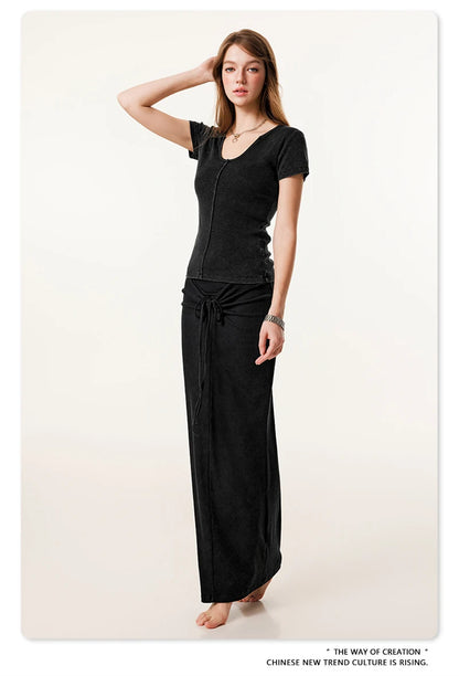 ZODF Women Retro 2025 Summer 275gsm U Collar Washed T-Shirts Hotsweet Girls Sexy Slim Fit T Shirt Brand Tees HY0992