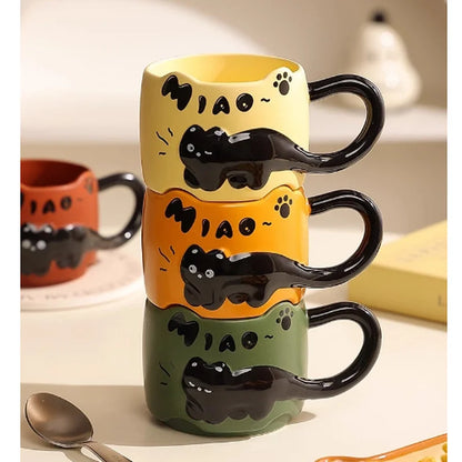 Cat Stacking Mug Creative Cute Cartoon Cat Ceramic Coffee Cup Fun Cat Tail Integrated Handle Cup Couple Water Cup Birthday Gift