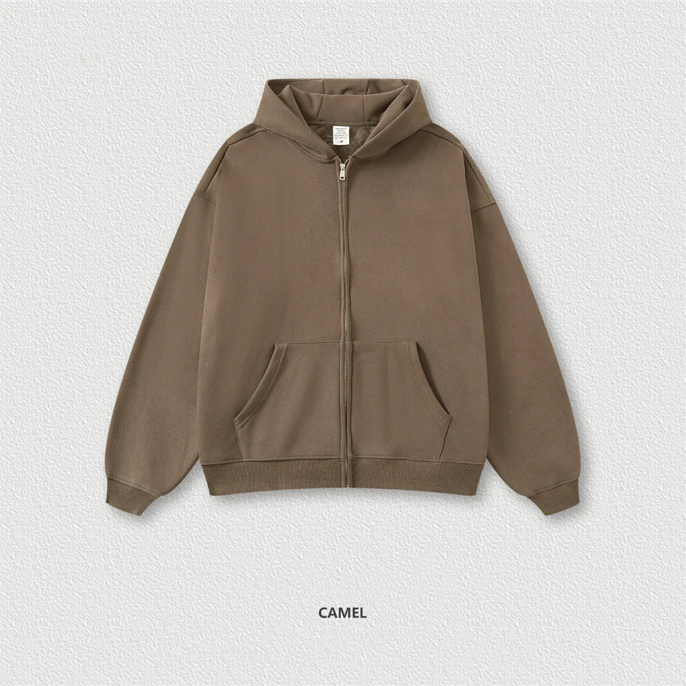 ZODF New Winter Men Zipper Fleece Hoodies Unisex Loose Heavy Weight Thick Warm Basic 420gsm Hooded Coats Hoodie HY0747