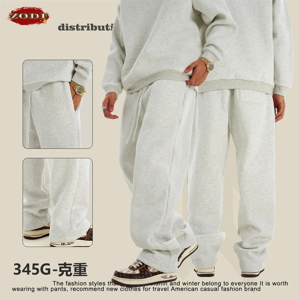 ZODF New Men's Winter Solid 345sm Fleece Straight Pants Unisex Loose Comfortable Sport Zipper Pockets Trousers HY0868