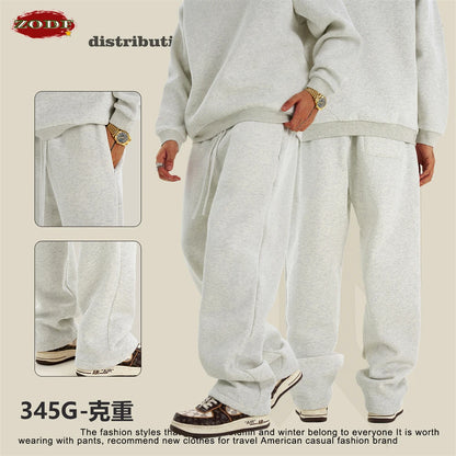 ZODF New Men's Winter Solid 345sm Fleece Straight Pants Unisex Loose Comfortable Sport Zipper Pockets Trousers HY0868