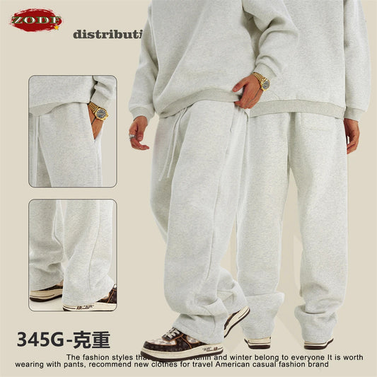 ZODF New Men's Winter Solid 345sm Fleece Straight Pants Unisex Loose Comfortable Sport Zipper Pockets Trousers HY0868