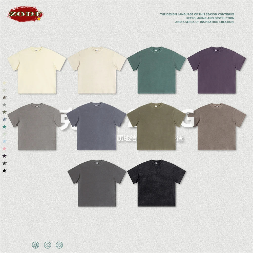 ZODF New Spring Summer 200gsm Washed Cotton T Shirts For Men Unisex Women Retro Casual Basic Solid T-Shirt Brand Tees HY0775