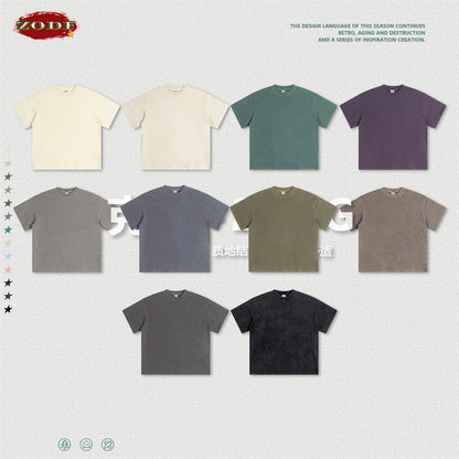 ZODF New Spring Summer 200gsm Washed Cotton T Shirts For Men Unisex Women Retro Casual Basic Solid T-Shirt Brand Tees HY0775