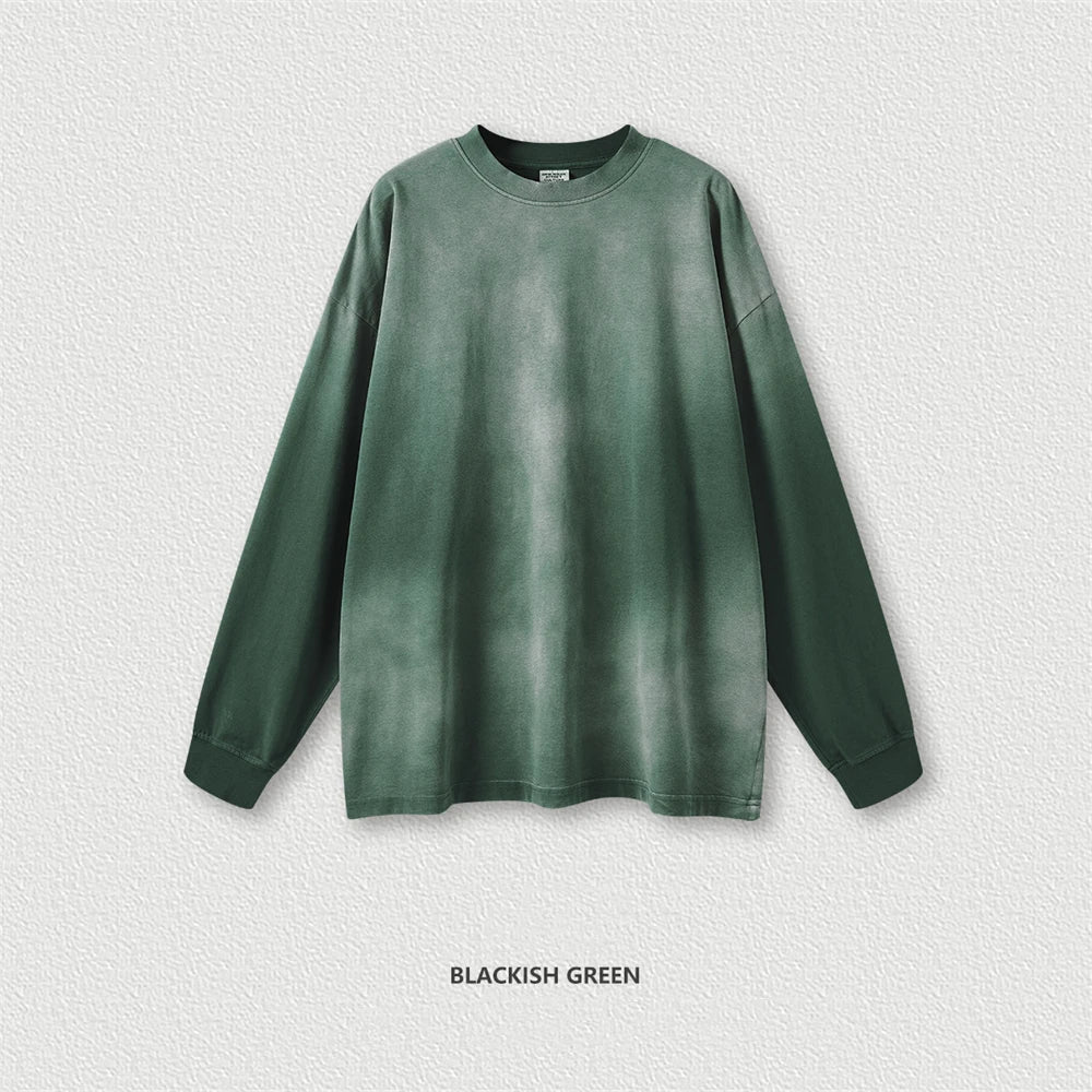 ZODF Retro Monkey Washed 260gsm Cotton Full Sleeve Loose High Street T-Shirt for Men Unisex HY0406 - Dark Green / L