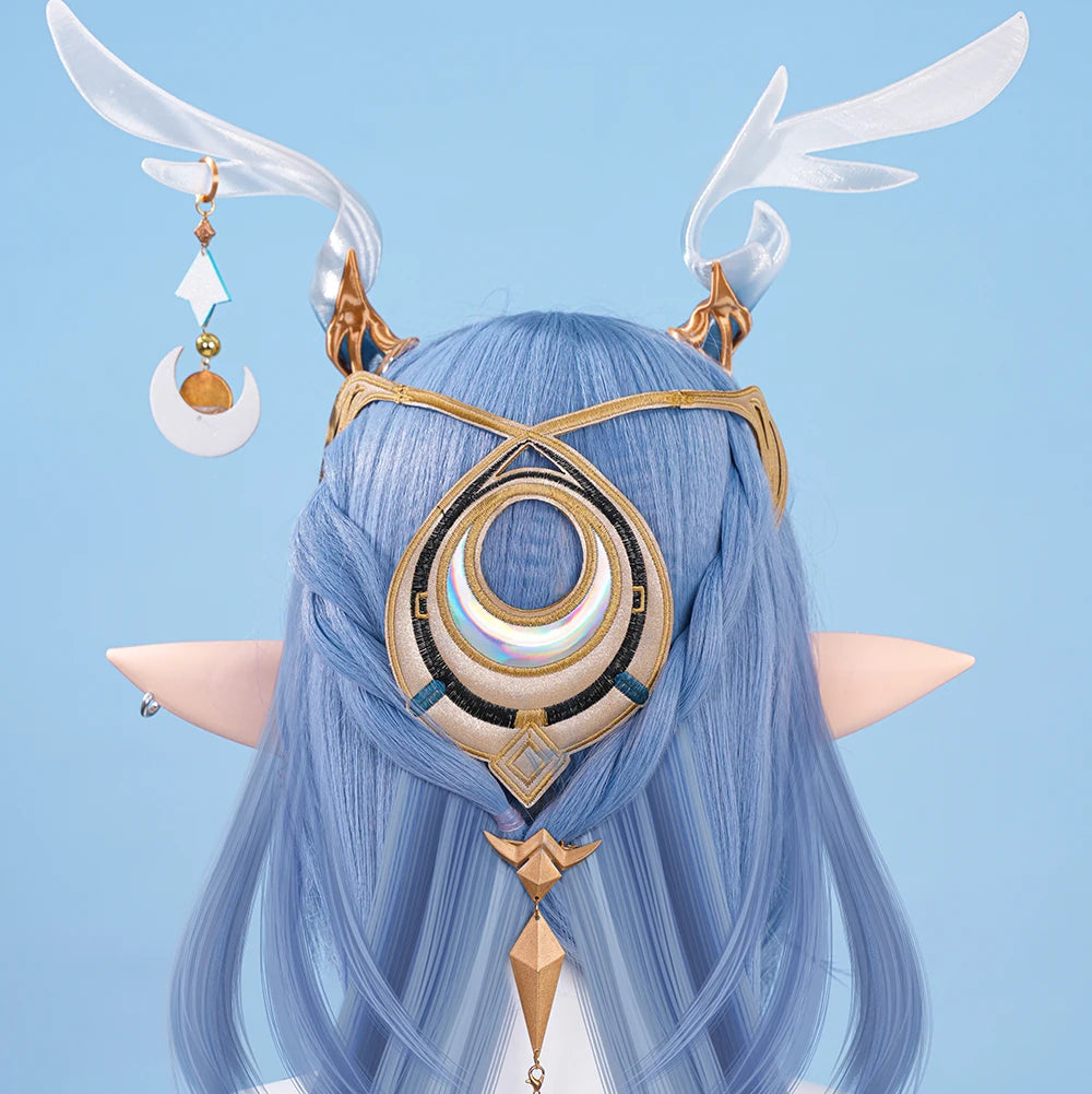 Genshin Impact Lauma Cosplay Costume Wig Dress Uniform Headwear Earrings Frostmoon Scions Halloween Party for Women Girls iCoser