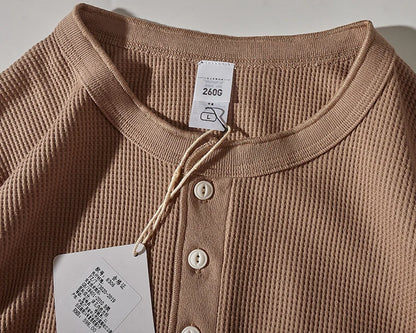Autumn And Winter New American Heavyweight Retro Men's Waffle Long-sleeved T-shirt Loose Fashion Henley Collar Bottoming-shirt