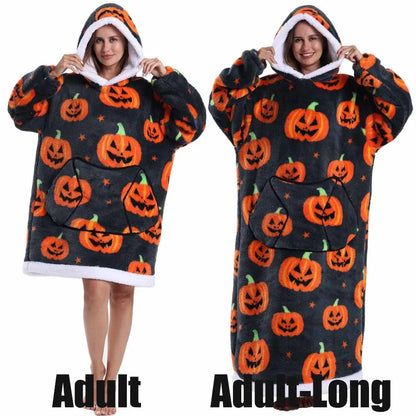 Short/Long Hoodie Blanket for Adults Winter Soft Thicken Warm Wearable Blanket Hoodie with Sleeves Halloween Pajamas for Couples