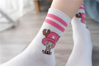 5Pair Anime One Piece Socks Cartoon Luffy Chopper Student Cotton White Long Short Boat Socks Printed Knitted Socks Children Gift