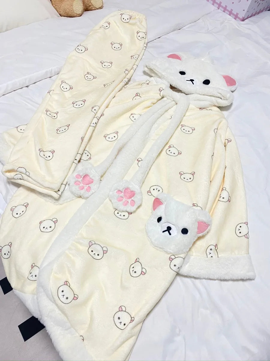 Rilakkuma Women'S Fleece-Lined Thickened Robe Coral Fleece Flannel Hooded Home Clothes Warm Nightgowns Casual Wear For Going Out