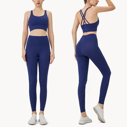 Women’s 2 Piece Yoga Set Sleeveless Cross Back Sports Bra and Leggings Athletic Tracksuit Pilates Fitness - Night Sea