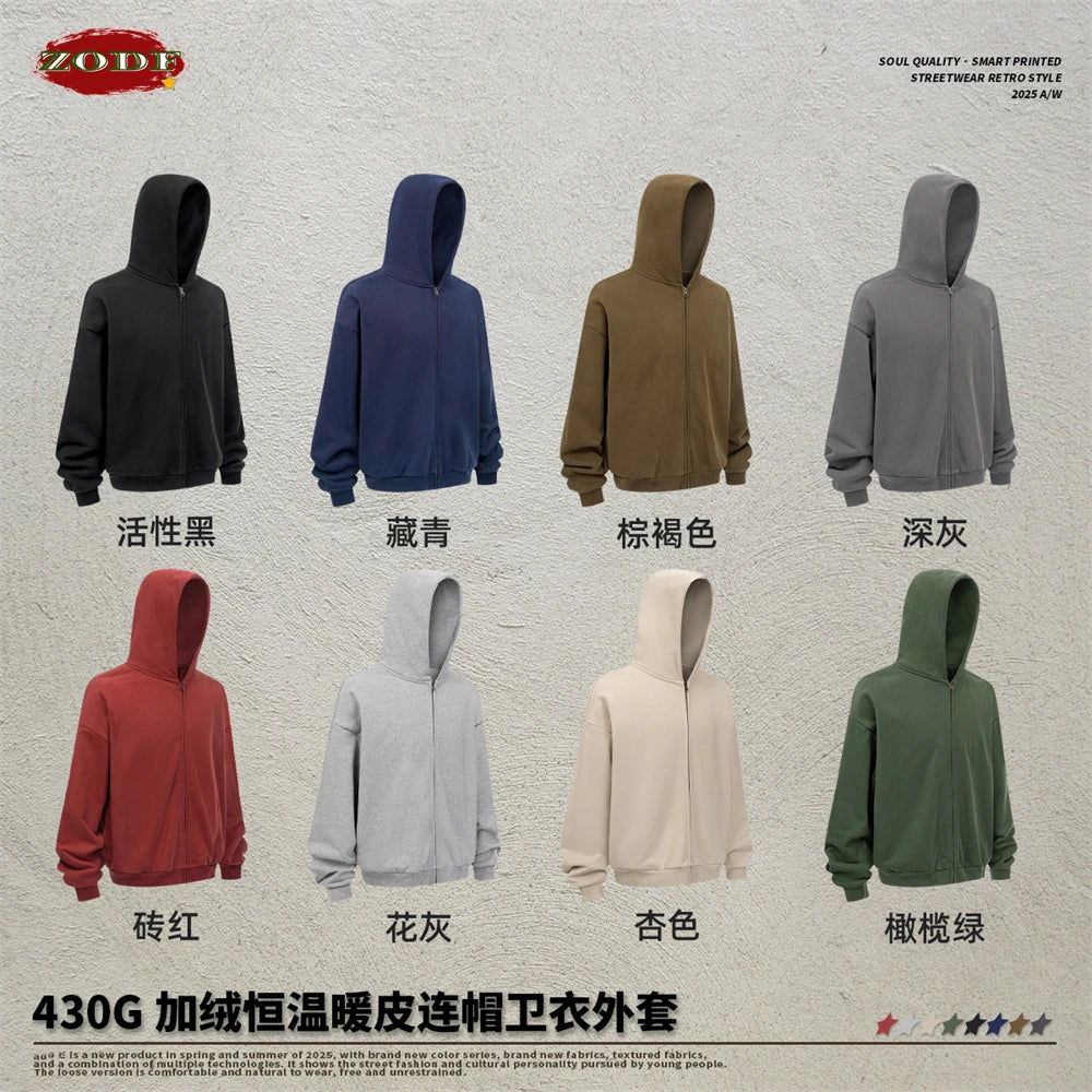 ZODF Trendy Winter Man Warm 430gsm Fleece Zipper Hoodies Unisex Solid Loose Zip-Up Hooded Coats Brand Outfit HY1130