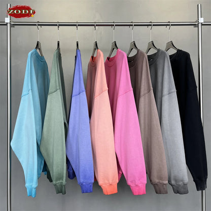ZODF 2024 Autumn Men's Washed Sweatshirt Unisex Women Retro Solid 430gsm Terry Cotton O Neck Pullovers Coat HY0880