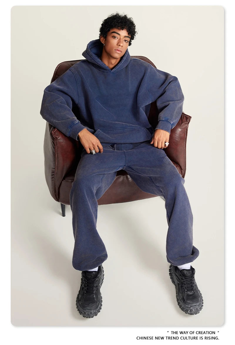 ZODF Winter Men Washed Thick Fleece 400gsm Loose Fit Joggers Sweatpants Streetwear HY0668