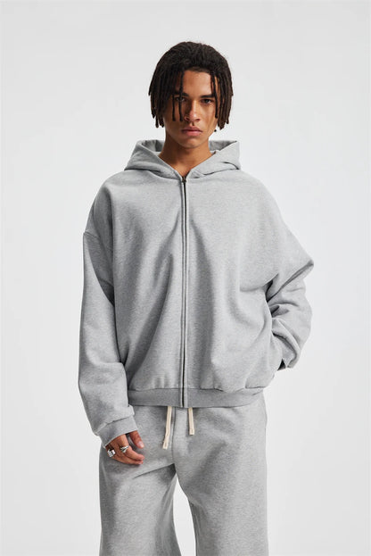 ZODF Trendy Winter Man Warm 430gsm Fleece Zipper Hoodies Unisex Solid Loose Zip-Up Hooded Coats Brand Outfit HY1130